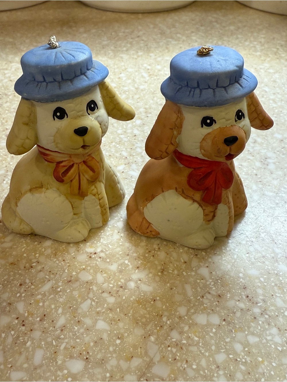 Vintage Lipco Ceramic Dog Figurine Bells Tan Puppy with Blue Hats